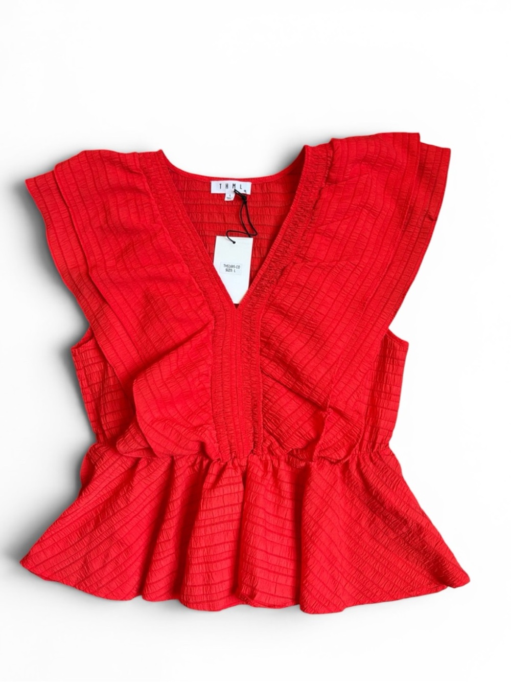 Anthropologie THML Ruffle Peplum V-Neck Blouse Women’s L Red NWT